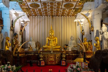 Kandy, Sri Lanka - 24 Ocak 2024: Sri Dalada Maligawa 'daki dingin güzelliği keşfedin, sayısız Buda heykeli kutsal iç mekanı süsleyerek sükuneti ve saygıyı yansıtır..