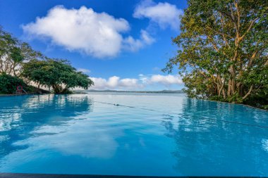 Sri Lanka 'da, Herthe Kandalama' da sakin bir sonsuzluk havuzu, açık mavi bir gökyüzünün altında, bir ağacın gölgesinde şezlonglar..