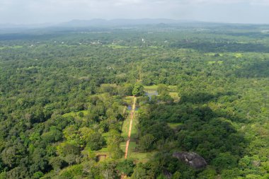 Sigirya Kayası 'nın tepesinden öğleden sonra panoramik bir manzara, mavi gökyüzünün altındaki uzak dağ sıraları ile geniş yeşil bir ormana bakıyor..