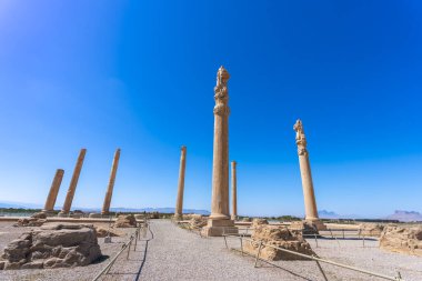Yüksek sütunlar ve karmaşık oymalar Persepolis 'in mimari dehasını gözler önüne seriyor. UNESCO 'nun Dünya Mirası Bölgesi, geçmişte kalmış bir dönemin ihtişamını yansıtıyor. Persepolis, İran.
