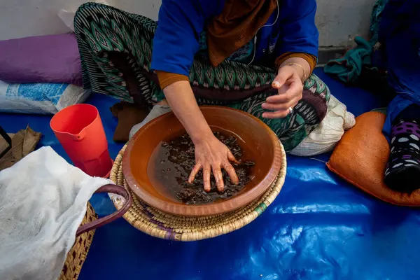 Essaouira, Fas - 17 Mart 2024: Yerel kadınlar geleneksel argan yağı çıkarma sanatıyla meşgul. Sahne, yerel kültür gelenekleri ve kırsal cazibeyi yansıtıyor.
