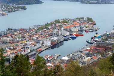 Bergen, Norveç 'in çarpıcı manzarası büyüleyici şehir limanını, renkli evleri ve etrafındaki dağları gösteriyor. Bryggen semti ön planda görülebilir..