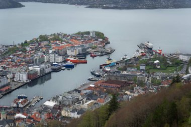 Bergen, Norveç 'in çarpıcı manzarası büyüleyici şehir limanını, renkli evleri ve etrafındaki dağları gösteriyor. Bryggen semti ön planda görülebilir..