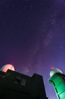Yanıp sönen ışıkları olan beyaz meteorolojik radar istasyonu derin mavi yıldızlı bir gökyüzüne ve romantik bir galaksiye karşı. Büyüleyici gece sahnesi, Wufeng Dağı, Tayvan.