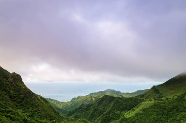 Uçsuz bucaksız mavi gökyüzünün altında yuvarlanan yeşil tepelerin ve uzak dağların panoramik görüntüsü. Okyanusa kısa bir bakış uzak mesafeden görülebilir. Jiufen, New Taipei Şehri, Tayvan.
