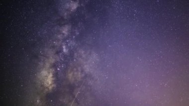 Sakin bir denizin üzerinde gece gökyüzüne uzanan Samanyolu 'nun nefes kesici bir görüntüsü. Galaksimizin yıldızlı kuşağı tüm ihtişamıyla görülebilir. Suao, Yilan County, Tayvan.