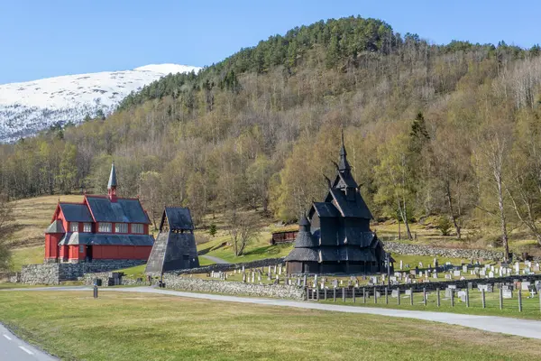 stock image The iconic Borgund Stave Church, a well-preserved wooden church built around 1180. Its intricate carvings and unique architecture make it a popular tourist destination. Borgund, Norway.