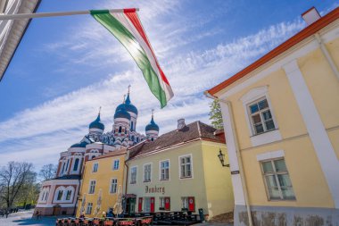 Tallinn, Estonya - 8 Mayıs 2024: İkonik Alexander Nevsky Katedrali renkli binalar ve sallanan bayraklarla çevrili kendine özgü soğan kubbesiyle gökyüzüne hükmediyor.