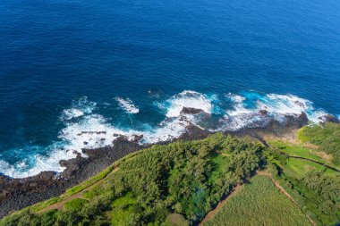 Kıyı şeridinin çarpıcı hava manzarası yemyeşil bitki örtüsü, turkuaz sular ve beyaz kumlu plajlar. Bu fotoğraf adanın doğal manzarasının güzelliğini yakalar. Mauritius, Afrika.