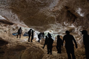 Turistler, ayak altında derin bir vadi bulunan dar kireçtaşı mağaralarda gezinirler. Karst oluşumları ve ağaç kökleri eşsiz bir manzara yaratır. Bemaraha Ulusal Parkı, Madagaskar.