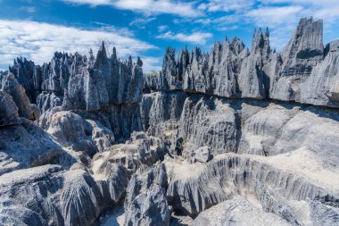 Yüksek kireçtaşı karst oluşumları Tsingy de Bemaraha Ulusal Parkı 'nın nefes kesici manzarasını yaratır. Keskin, sivri tepeler ve derin kanyonlar nefes kesici manzaralar sağlar. Madagaskar, Afrika.