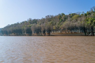 Limestone cliffs with unique erosion patterns and lush vegetation. Canoe ride along the yellow river water. Manambolo River, Madagascar.