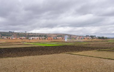 Madagaskar 'da yeşil ve kahverengi teraslı tarlaların olduğu sakin bir kırsal bölge. Yuvarlanan tepelerin arasına yerleşmiş uzak bir köy görülebilir. Bu görüntü Madagaskar 'daki kırsal yaşamın özünü yansıtıyor..