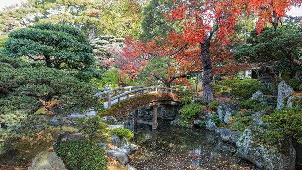 Kyoto İmparatorluk Sarayı 'ndaki Onnai Gölü' nün üzerinde yemyeşil ve sonbahar renkleriyle çevrili ahşap bir köprü manzarası. Huzurlu bir vaha. Kyoto, Japonya.