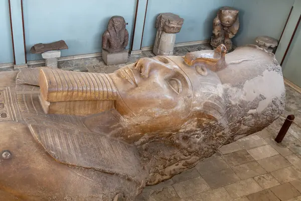 Memphis Müzesi, Mısır - 14 Ocak 2025: Memphis Müzesi 'nde muazzam bir antik Mısır heykeli sergilenmektedir..