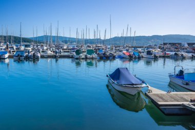 İspanya 'nın Baiona Körfezi' nde canlı bir marina sahnesi. Açık mavi gökyüzünün altında sayısız tekne ve yat var. Yaz yolculuğu ve tatil için ideal..