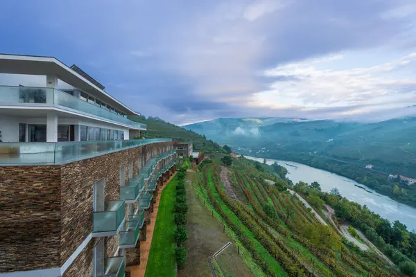 Lamego, Portekiz - 14 Kasım 2024: Douro Vadisi 'ne tepeden bakan, üzüm bağları ve yuvarlanan tepelerle çevrili büyüleyici bir otel. Temiz bir gökyüzü manzaralı güzelliği arttırır..