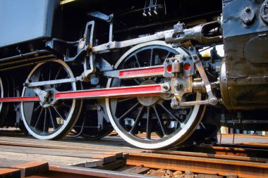 Changhua City, Tayvan 'daki tarihi Changhua Yuvarlak Evi' nin direksiyon ve bağlayıcı buharlı lokomotiflerinin yakın görüntüsü..