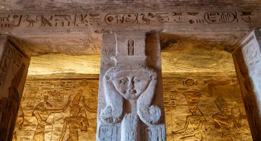 Aswan, Egypt - January 16, 2025: View of ancient hieroglyphs carved into the walls inside the Temple of Kom Ombo. The temple honors Horus and Sobek.
