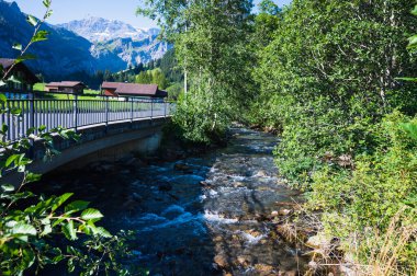 Adelboden, İsviçre - 24 Temmuz 2022 - Adelboden köyü ve şehir merkezi yaz manzarası