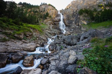Adelboden, İsviçre - 25 Temmuz 2022 - Engstligen Falls dağlardaki İsviçre Alplerine düştü.