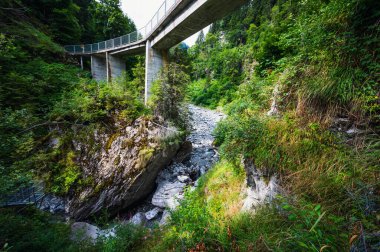 Adelboden, İsviçre - 26 Temmuz 2022 - Adelboden köyünde yürüyüş - Cholerenschlucht 'un güzel şelaleleri ve mağaraları