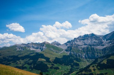 Adelboden, İsviçre - 24 Temmuz 2022 - Adelboden köyü ve şehir merkezi yaz manzarası