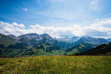 Adelboden, İsviçre - 24 Temmuz 2022 - Adelboden köyü ve şehir merkezi yaz manzarası