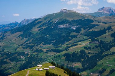 Adelboden, İsviçre - 24 Temmuz 2022 - Adelboden köyü ve şehir merkezi yaz manzarası