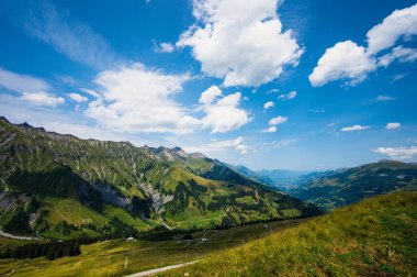 Adelboden, İsviçre - 24 Temmuz 2022 - Adelboden köyü ve şehir merkezi yaz manzarası