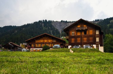 Adelboden, İsviçre - 24 Temmuz 2022 - Adelboden köyü ve şehir merkezi yaz manzarası