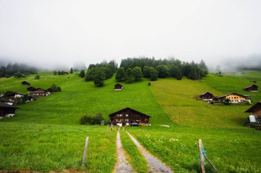 Adelboden, İsviçre - 24 Temmuz 2022 - Adelboden köyü ve şehir merkezi yaz manzarası