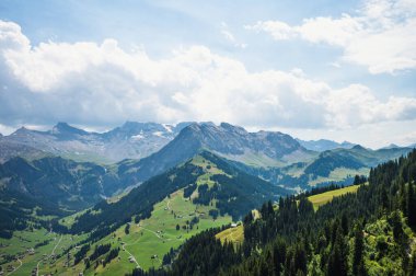 Adelboden, İsviçre - 24 Temmuz 2022 - Adelboden köyü ve şehir merkezi yaz manzarası