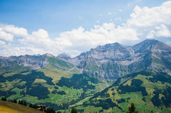 Adelboden, İsviçre - 24 Temmuz 2022 - Adelboden köyü ve şehir merkezi yaz manzarası