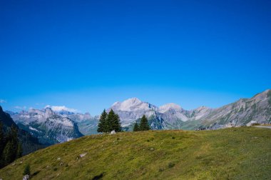 Oeschinensee, İsviçre - 27 Temmuz 2022 - İsviçre Kandersteg kasabasındaki Oeschinensee 'den görüntü.