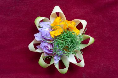 Plates of prepared ingredients for a Balinese cooking class, vertical