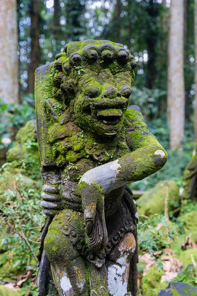 Ubud köyü yakınlarındaki Bali 'deki Sangeh maymun ormanında yeşil yosunlarla kaplı maymun heykeli. Endonezya