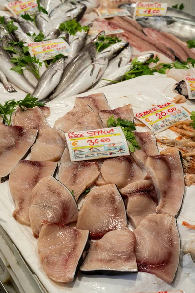 Espadarte Fresco Pesce Spada Para Venda Peixeiro Gênova Itália Com — Fotografia de Stock