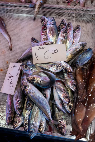 Peixes Frescos Vendidos Num Mercado Italiano Com Sauri Tradução Cavala — Fotografia de Stock