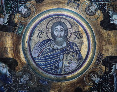 KIEV, UKRAINE, 02 HAZİRAN, 2015: Aziz Sophia Katedrali 'ndeki Rus antik freski, herhangi bir sanatçı tarafından, 29 Mart 2015, Kiev, Ukrain