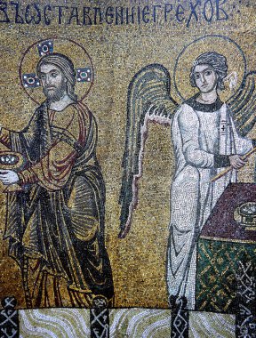 KIEV, UKRAINE, 02 HAZİRAN, 2015: Aziz Sophia Katedrali 'ndeki Rus antik freski, herhangi bir sanatçı tarafından, 29 Mart 2015, Kiev, Ukrain