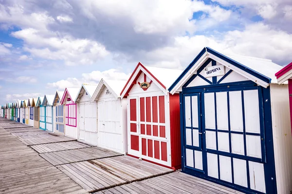 stock image Colorful beach huts with clouds and skies in Cayeux sur mer, Somme, Normandy, France