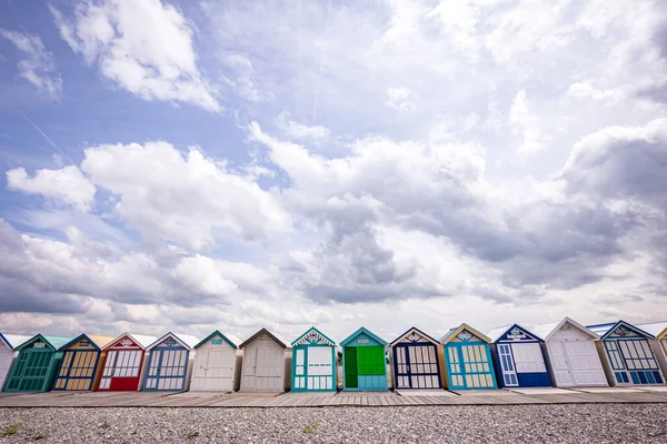 stock image Colorful beach huts with clouds and skies in Cayeux sur mer, Somme, Normandy, France