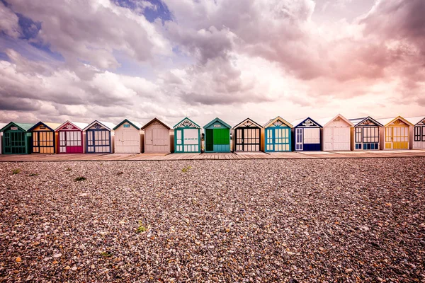 Colorful Beach Huts Clouds Skies Cayeux Sur Mer Somme Normandy Stock Photo
