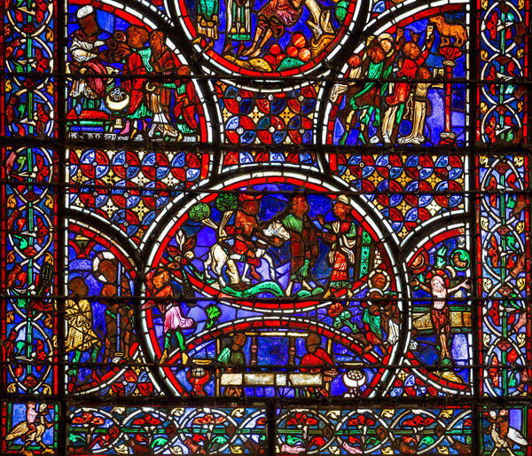 BOURGES, CHER, FRANCE, APRIL 20, 2023 :stained glasses decors of Cathedral basilica saint Stephen, by anonymous artists workshops, 15th century