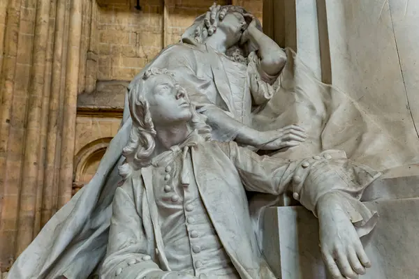 stock image MEAUX, FRANCE, APRIL 18, 2023 :  Statue of bishop Bossuet, Saint Etienne cathedral in Meaux, France, By Ernest Henri Dubois, year 1911