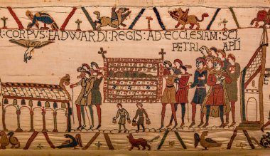 BAYEUX, FRANCE, 14 Mayıs 2024: Bayeux 'nun duvar halısı, 1066 yılındaki Hastings savaşını, İngiltere' nin Norman fethini betimliyor.