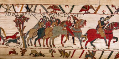 BAYEUX, FRANCE, 14 Mayıs 2024: Bayeux 'nun duvar halısı, 1066 yılındaki Hastings savaşını, İngiltere' nin Norman fethini betimliyor.