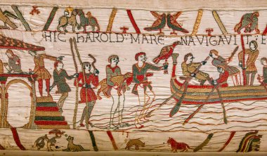 BAYEUX, FRANCE, 14 Mayıs 2024: Bayeux 'nun duvar halısı, 1066 yılındaki Hastings savaşını, İngiltere' nin Norman fethini betimliyor.