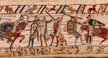 BAYEUX, FRANCE, 14 Mayıs 2024: Bayeux 'nun duvar halısı, 1066 yılındaki Hastings savaşını, İngiltere' nin Norman fethini betimliyor.